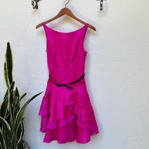 Silk hot pink Milly party dress with black leather belt. Size 2